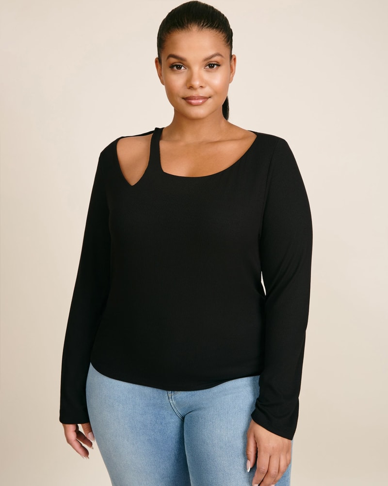 Front of a model wearing a size 2X Turlington Rib Top in Black by LNA. | dia_product_style_image_id:226426